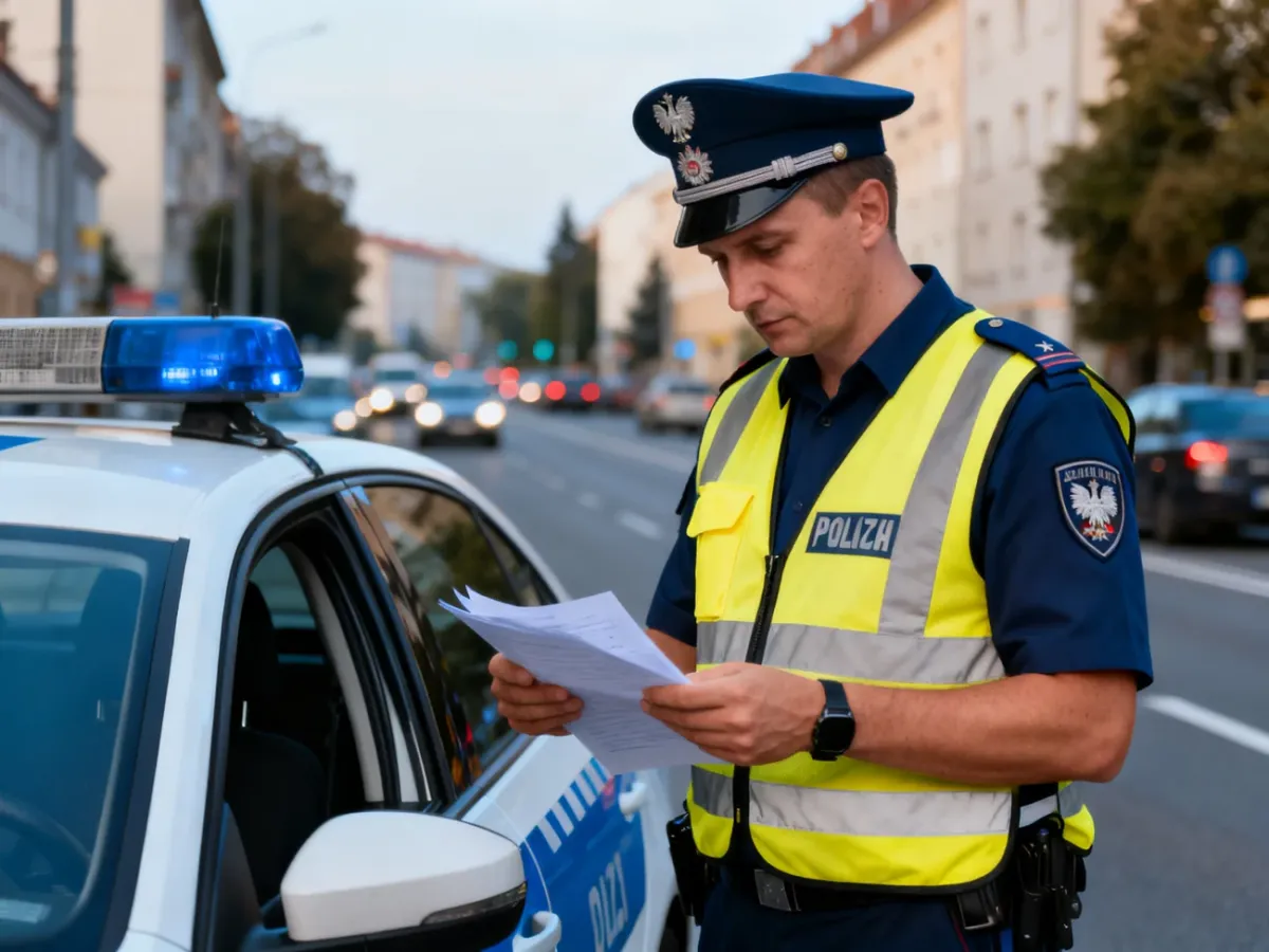 Policjant drogówki przy radiowozie podczas służby na miejskiej drodze